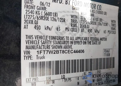 2012 Ford F-250 Lariat из США, поврежденный, VIN 1FT7W2BT8CEC44406